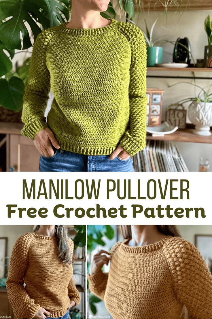 a woman wearing a yellow sweater with the text, free crochet pattern