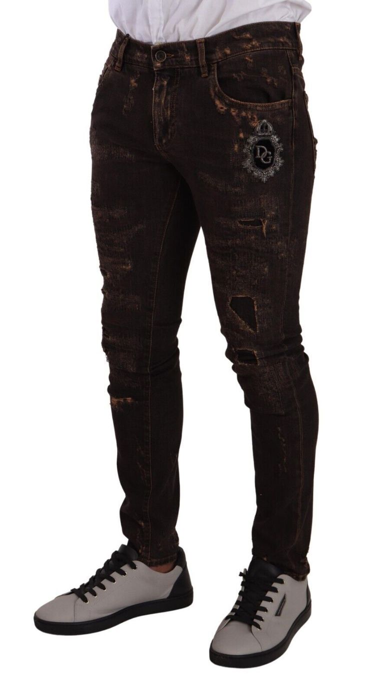 DOLCE & GABBANA Gorgeous, brand new with tags 100% Authentic Dolce & Gabbana distressed skinny denim jeans crafted from cotton features a zipper and button closure. Style: Skinny denim trousers Colour: Dark Brown Fitting: Slim fit DG crown embroidery Zip and button closure Logo details Made in Italy Material: 98% Cotton 2% Elastane Crown Embroidery, Italy Logo, Jean Crafts, Dark Brown Color, Denim Trousers, Dolce & Gabbana, Mens Denim, Jeans Pants, Brown Color