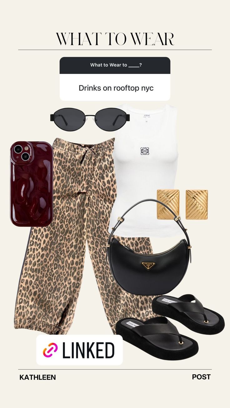 Need bar hopping outfit ideas? Jeans would be too obvious so I'm styling a leopard pants outfit. Go laid back with slip flops and chunky stud earrings. I'm always putting together casual and stylish outfits. If you need spring outfit ideas, casual outfit ideas, brunch outfit ideas, New York summer outfits, old money outfit ideas, modest summer outfit ideas, cute rainy day outfit inspo, summer office outfits, and much, much more, you need to visit my LTK. Tap to shop what I'm wearing! Bar Hopping Outfit, New York Summer Outfits, Summer Outfits Old Money, Cute Rainy Day Outfit, Leopard Pants Outfit, Outfit Ideas Brunch, Old Money Outfit Ideas, Outfit Ideas Jeans, Brunch Outfit Ideas