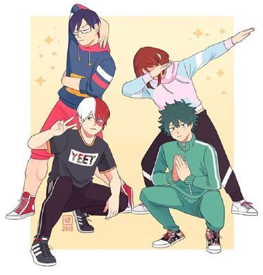 four anime characters are posing for a photo together, with one holding his hand up to the side