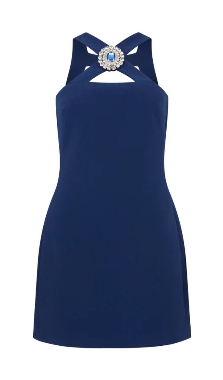 CRYSTAL-BROOCH CREPE MINI DRESS IN NAVY BLUE Navy Mini Dress For Evening, Elegant Navy Mini Dress For Night Out, Chic Navy Mini Dress, Elegant Navy Sleeveless Mini Dress, Elegant Navy Mini Dress For Formal Occasions, Elegant Navy Mini Dress For Evening, Chic Navy Mini Dress For Formal Occasions, Elegant Navy Mini Dress, Chic Navy Mini Dress For Date Night