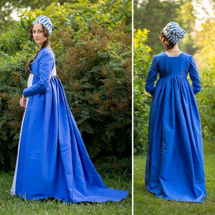 two pictures of a woman in blue dress and bonnet, one is standing on grass