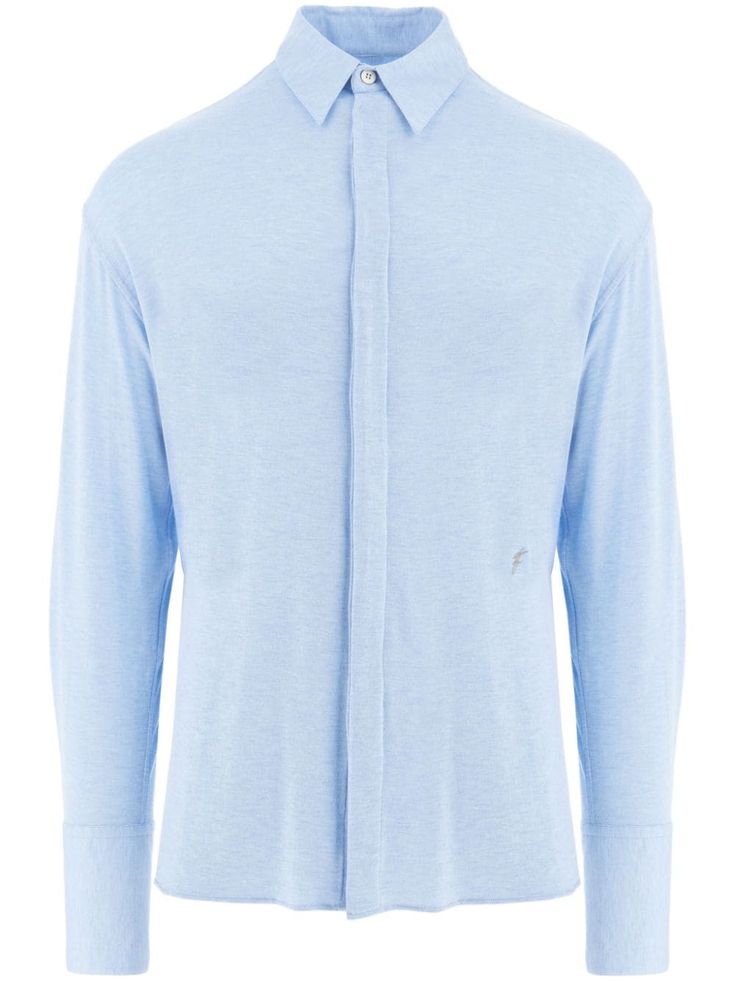 light blue stretch-jersey classic collar concealed front button fastening long sleeves buttoned cuffs embroidered logo to the front straight hem Darius Garland, Jersey Shirt, Logo Embroidery, Embroidery Logo, Salvatore Ferragamo, Top Brands, Fox, Light Blue, Mens Shirts