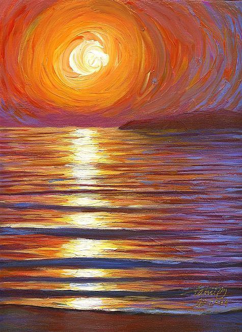 an oil painting of the sun setting over water