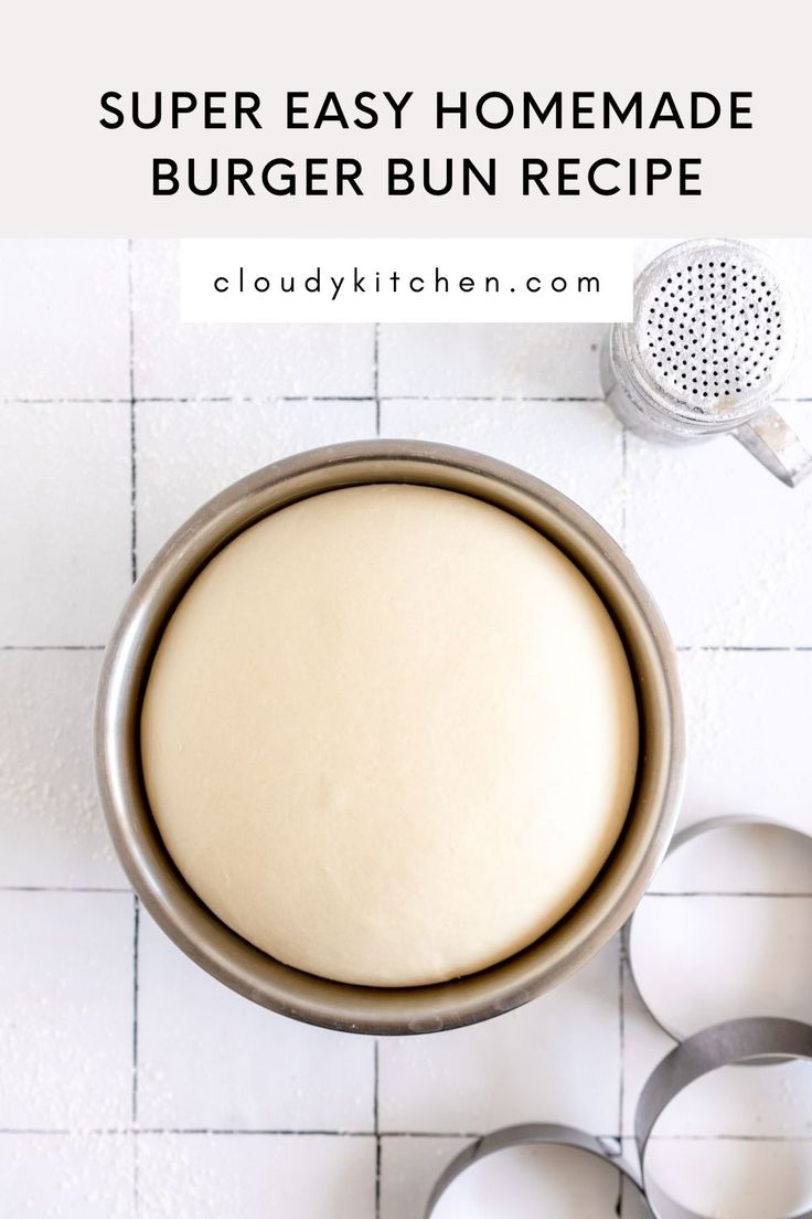 the ingredients for homemade burger buns on a white tiled counter top with text overlay