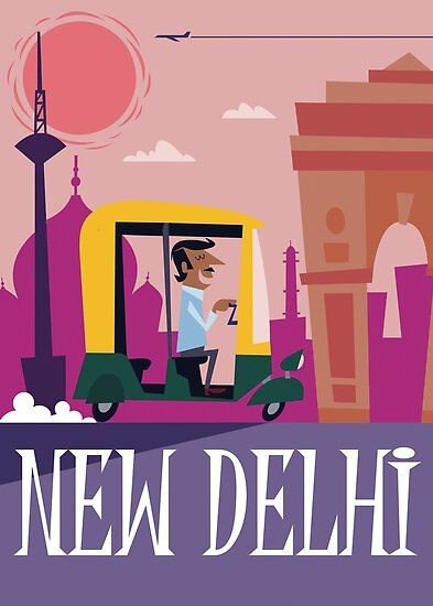 a man driving a small car down a street next to a tall building with the word new delhi written on it