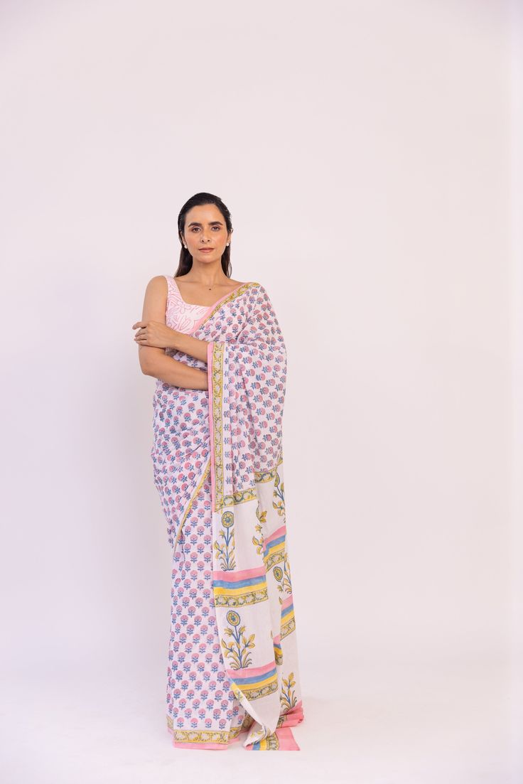 Featuring a powder lilac block printed pre-stitched saree in cotton base. It is paired with a round sqaure neckline blouse. Color: MULTICOLOR FABRIC: COTTON Delivery time 15 to 20 days Multicolor Cotton Pre-draped Saree With Unstitched Blouse, White Bohemian Cotton Saree, White Chanderi Blouse Piece With Block Print, White Cotton Silk Dupatta With Block Print, Cotton Blouse Piece With Printed Border, Bollywood Style White Block Print Blouse Piece, Bollywood Style White Blouse With Block Print, Festive White Blouse With Block Print, Printed Pink Saree