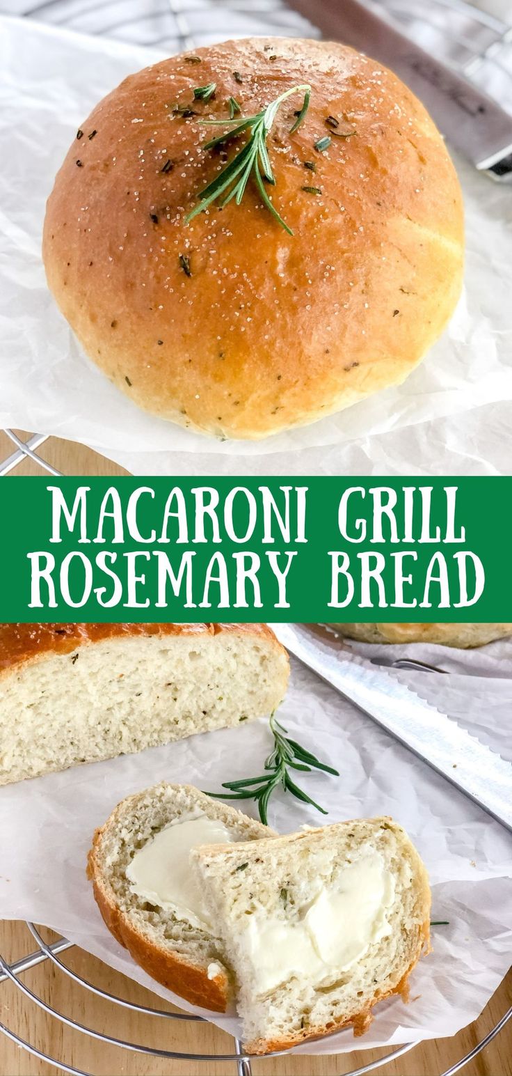 a close up of bread on a plate with the words macaroni grill rosemary bread