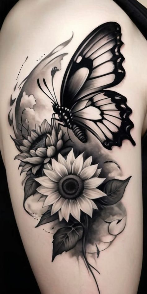 a woman's back with a butterfly and sunflowers on it