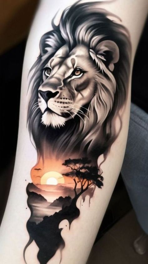 #BEAUTY, #RELATIONSHIPS #Fashion #Animals #Outfits #Winter Outfits #Animals# Lion Tattoo Design Forearm, Loin Tattoos Design, Tattoo Lion Design, Sunset Tattoo Design, Leones Tattoo, African Warrior Tattoos, Leon Tattoo, Lion Forearm Tattoos, Half Sleeve Tattoo Stencils