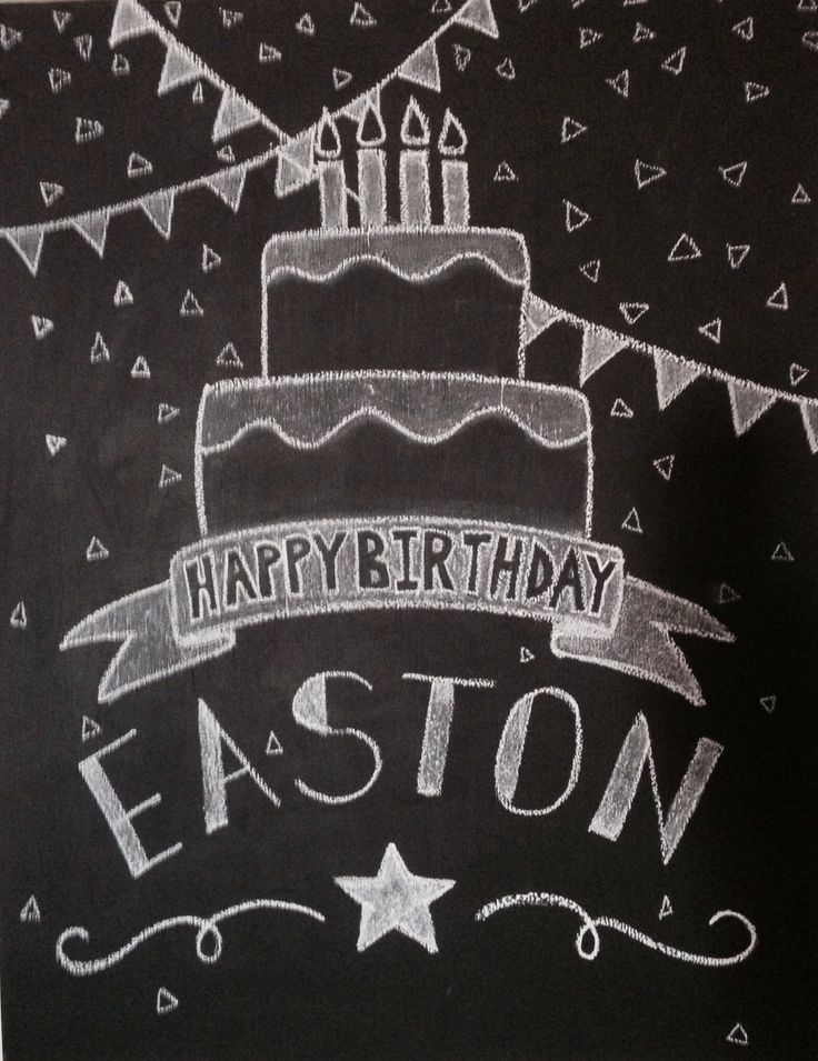 a chalkboard drawing of a birthday cake with the words happy birthday easton on it