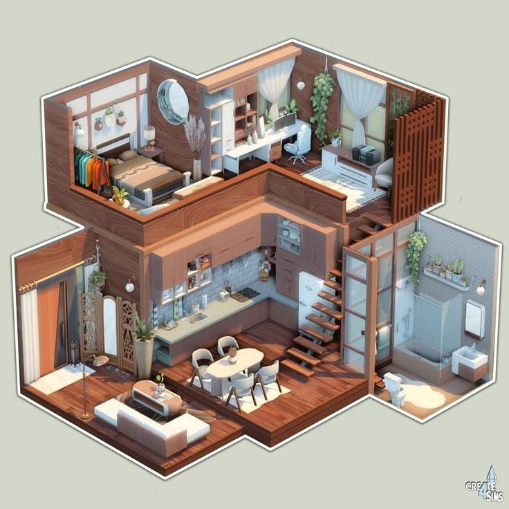 an overhead view of a house with all the furniture in it