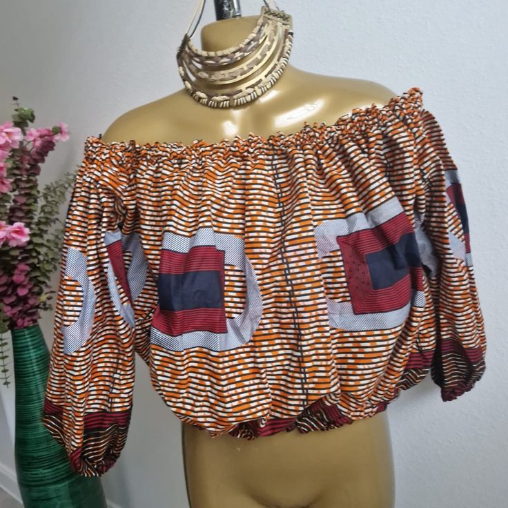 Beautiful Blouse 100% Ankara African Print Handmade Free Size 6 To 12 Chic Brown Tops For Festival, Chic Brown Festival Tops, Tops Ankara, African Print Top, African Chic, African Print Tops, African Designs, Teal Blouse, Chic Blouses