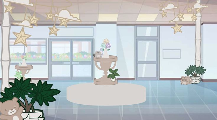 a room with potted plants and teddy bears on the floor in front of large windows