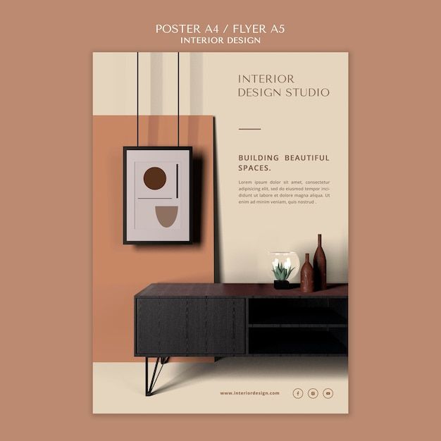 the interior design studio poster is displayed in front of an orange wall and brown furniture