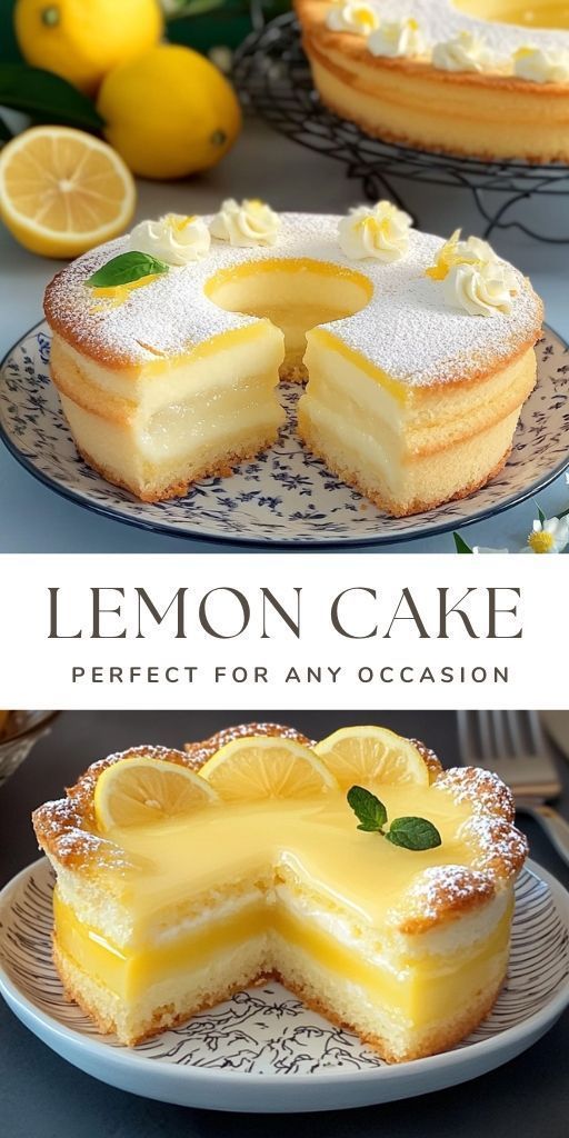 the lemon cake is cut in half and ready to be eaten