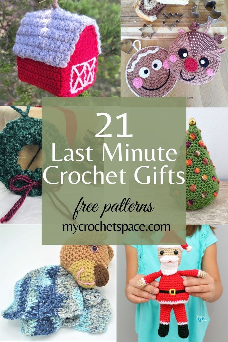 twelve crocheted christmas gifts with text overlay that reads, 21 last minute crochet gifts free patterns