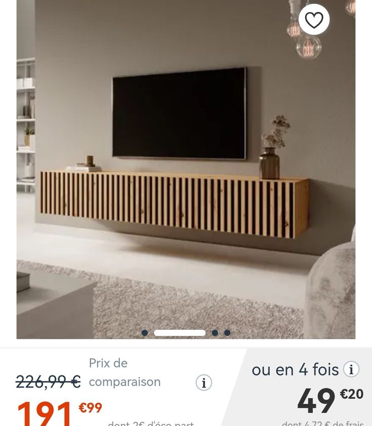 an advertisement for a tv on the wall in a living room with white carpet and grey walls