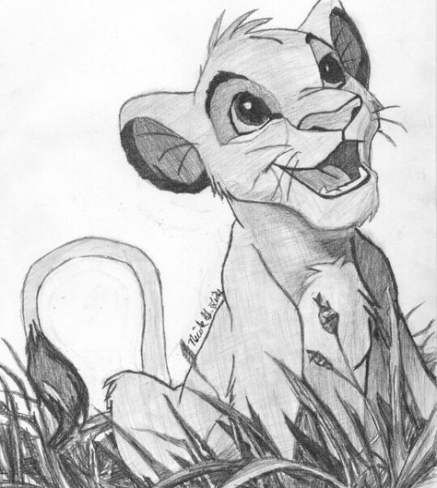 a drawing of a lion cub sitting in the grass