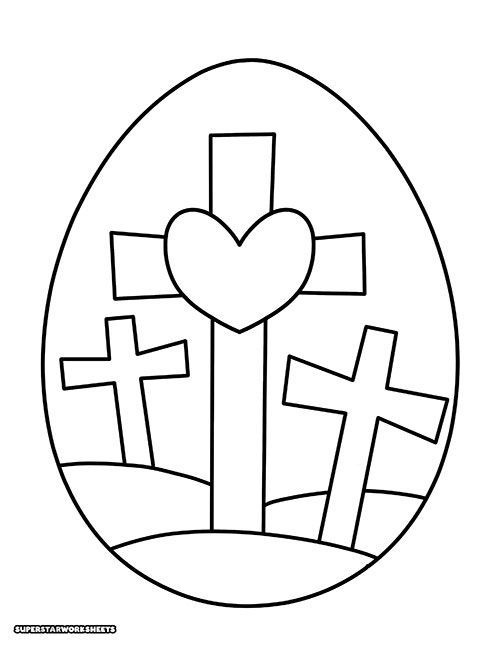 an easter egg with crosses and a heart in the center coloring pages for kids, printable