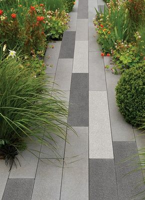 an outdoor walkway surrounded by plants and flowers