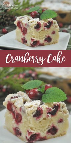 cranberry cake on a white plate with green leaves