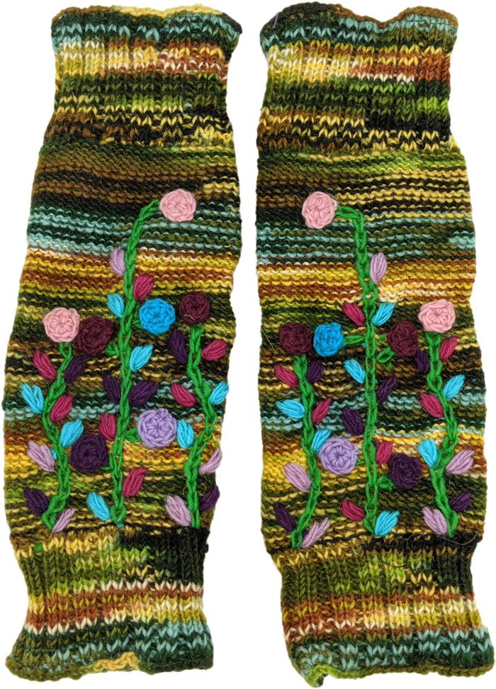 A warm and cozy unisex winter leg warmers with jungle sunset vibes.  These easy-to-wear, comfortable pure wool leg warmers are one-size-fits-all, and can be used by both men and women. #tlb #bohogift #Fall #Floral #Handmade #WoolLegWarmer #UnisexLegWarmer Casual Winter Festival Leg Warmers, Handmade Green Socks For Winter, Handmade Green Winter Socks, Winter Festival Leg Warmers, Casual Green Leg Warmers For Fall, Handmade Casual Socks For Fall, Casual Multicolor Knitted Leg Warmers, Multicolor Knitted Leg Warmers For Winter, Cozy Multicolor Knitted Leg Warmers