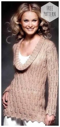 a woman wearing a knitted sweater and white pants with the words free pattern on it