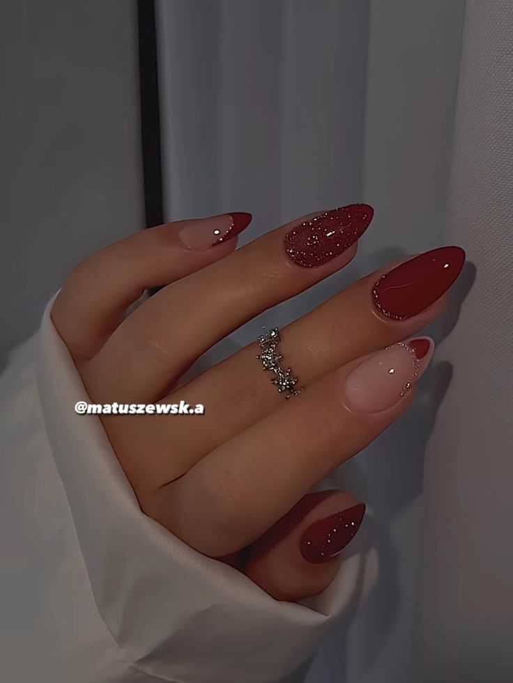 Formal Nails For Red Dress, Red Nails With Glitter Tips, Red Nails Design Ideas Classy Short, Simple Nail Extension Design, Nails For Red Dress Ideas Prom, Dark Nails Glitter, February Nails Red, Red Nail Extensions, Dark Red Nails Aesthetic