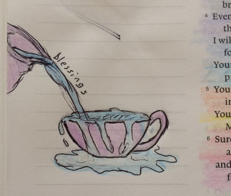 a drawing of a coffee cup being filled with liquid