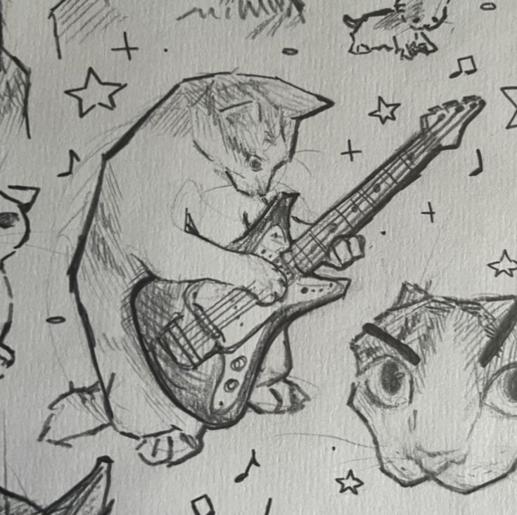 a drawing of cats playing the guitar together