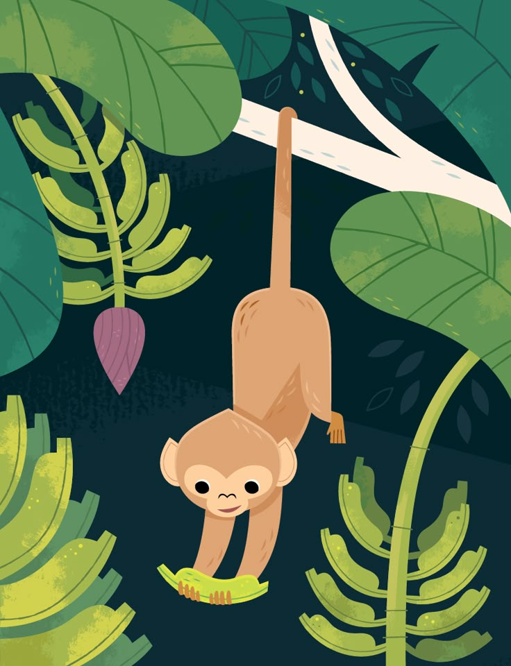 a monkey hanging from a tree branch in the jungle with bananas and leaves around it