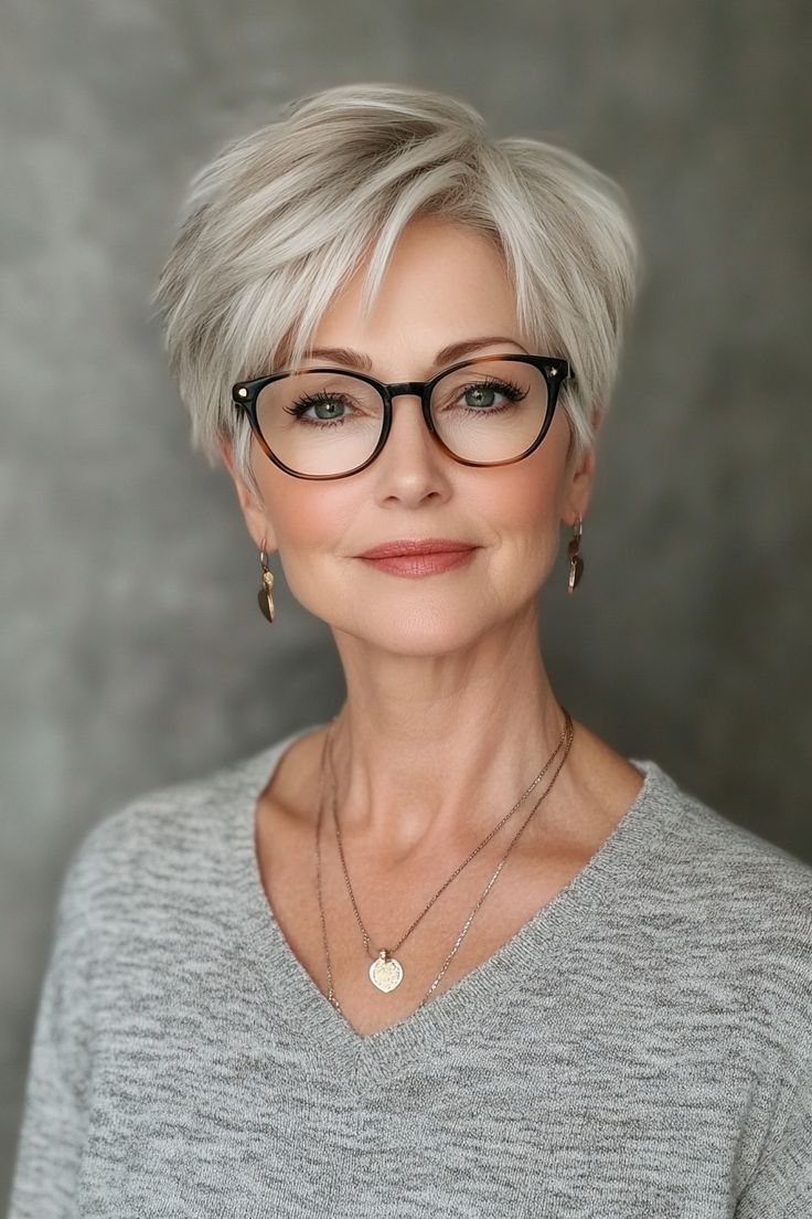 Short Hair With Quiff Woman, Short Gray Hair With Bangs, Short Blonde Hairstyles Pixie, Textured Pixie Cut For Fine Hair, Short Haircuts For Fine Flat Hair, Short Hair With Glasses, Pixie Styling, Butterfly Bob, Choppy Pixie