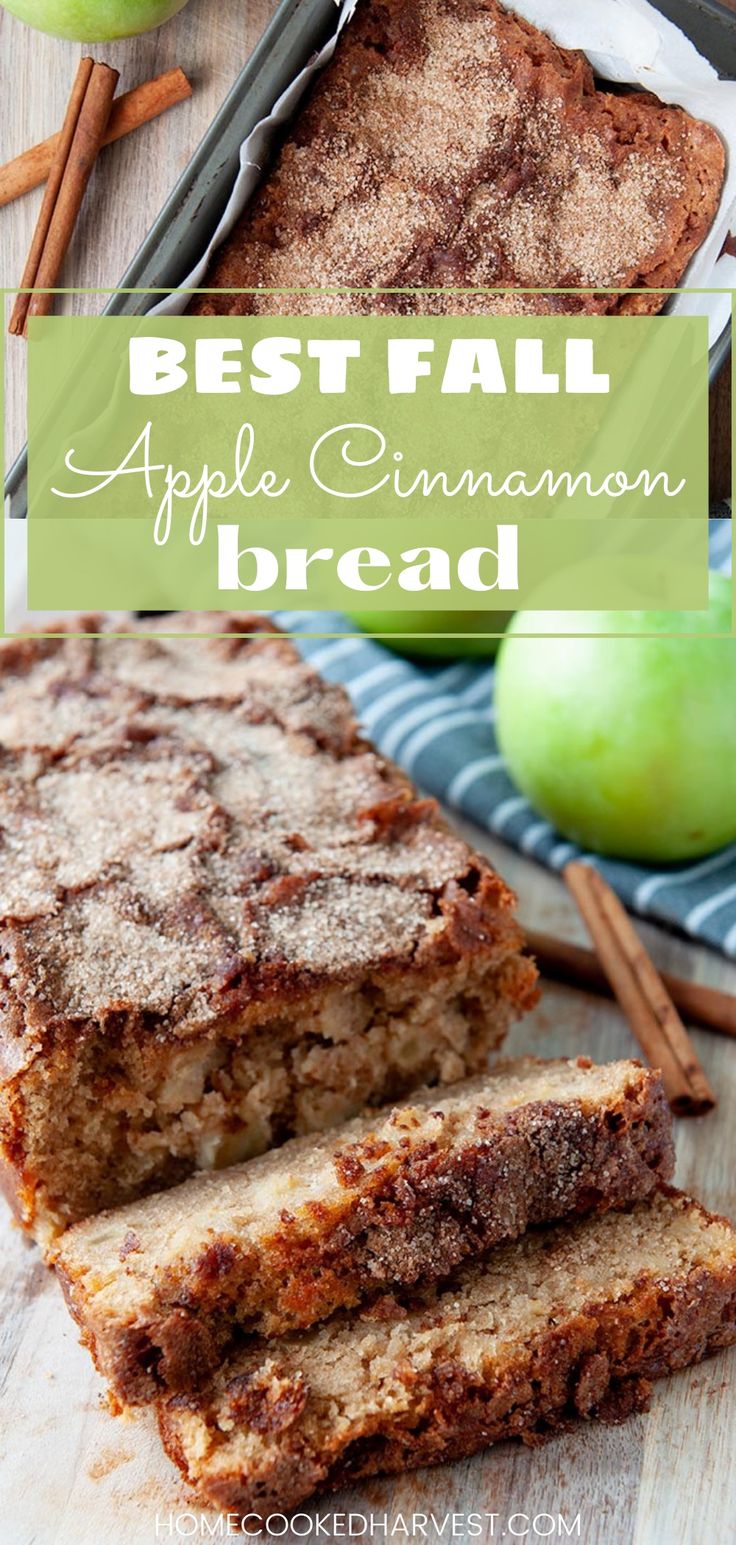 two slices of apple cinnamon bread sitting on top of a cutting board next to an apple