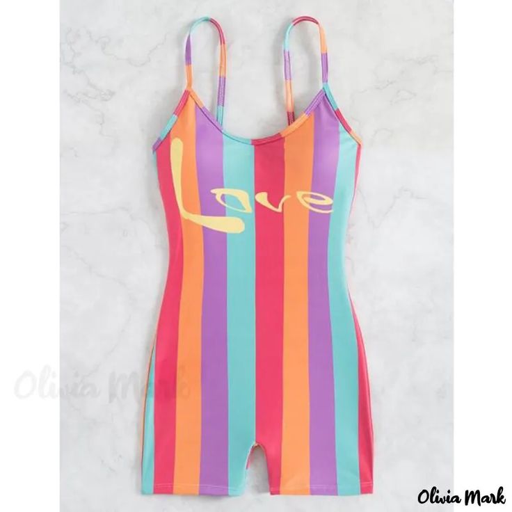 Olivia Mark - Rainbow Striped Halter One-Piece Swimsuit Slimming Swimsuit Sports Bikini Green Sporty Jumpsuits And Rompers For Summer, Sporty Green Jumpsuits And Rompers For Summer, Casual Summer Bodysuit For Sports, Casual Bodysuit For Summer Sports, Casual Summer Sports Bodysuit, Casual Summer Gym Bodysuit, Sleeveless One Pieces For Beach Sports, Sporty Bodysuit For Beach In Spring, One-piece Summer Workout Jumpsuit