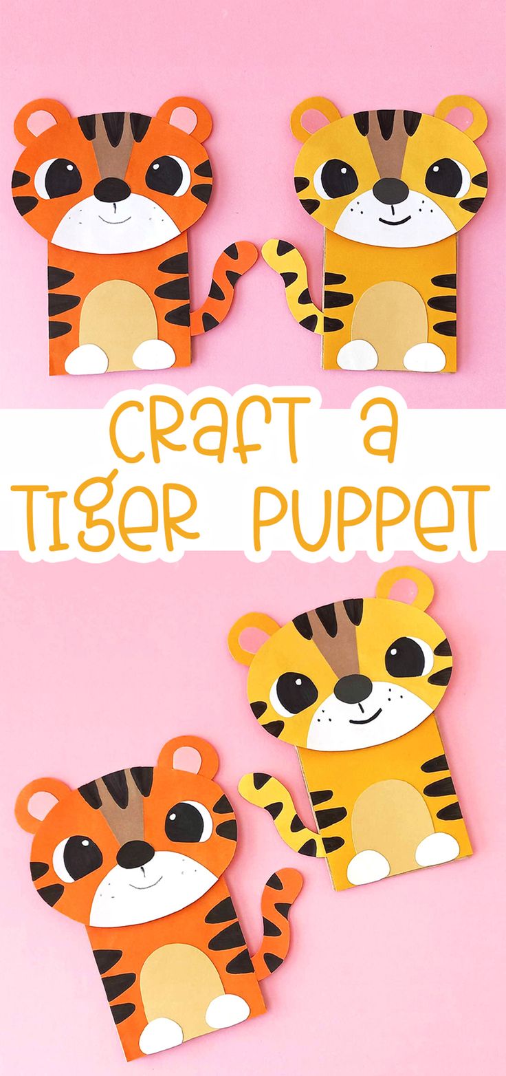 three paper tiger puppets with the words craft a tiger puppet on it's side