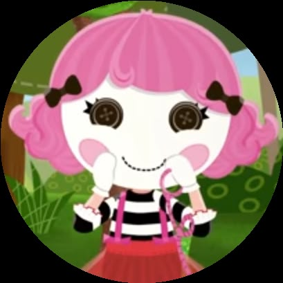 a cartoon girl with pink hair wearing a black and white striped dress, holding a pink ribbon