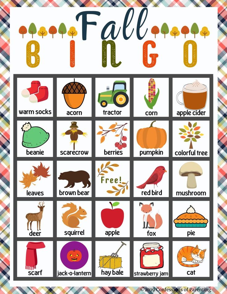 a fall bingo game with words and pictures