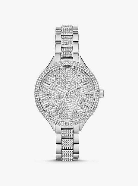 A perennial favorite our iconic Slim Runway watch gets a sparkling update with a pavé-accented dial bezel and center links. This statement style is crafted from silver-tone stainless steel and features minimalist time stops. Womens Designer Watches, Michael Kors Designer, Stainless Bracelet, Silver Watches Women, Cute Watches, Michael Kors Outlet, Top Rings, Michael Kors Accessories, Watch Sale