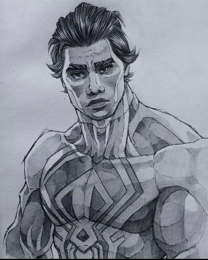 a pencil drawing of a man with his arms crossed in front of him, wearing a superman costume