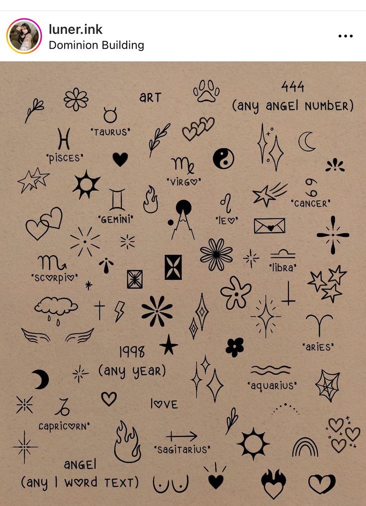 the back side of a piece of paper with different types of tattoos on it