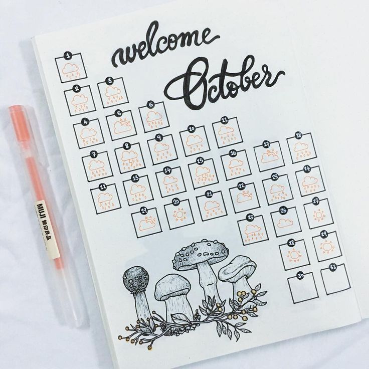 a notebook with an image of mushrooms on it and the words welcome october written in black ink