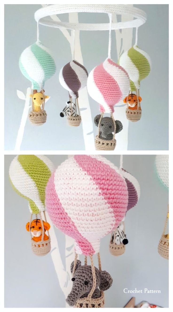 crocheted hot air balloon mobile with animals hanging from it's sides and on the inside