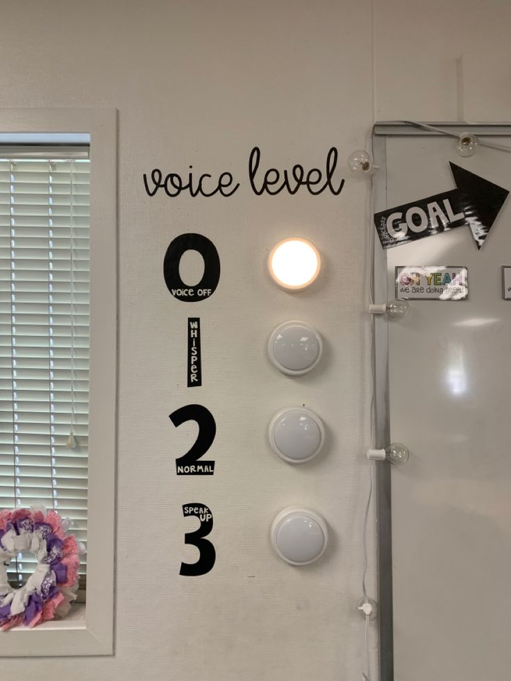 there is a sign on the wall that says voice level and 3 o'clock