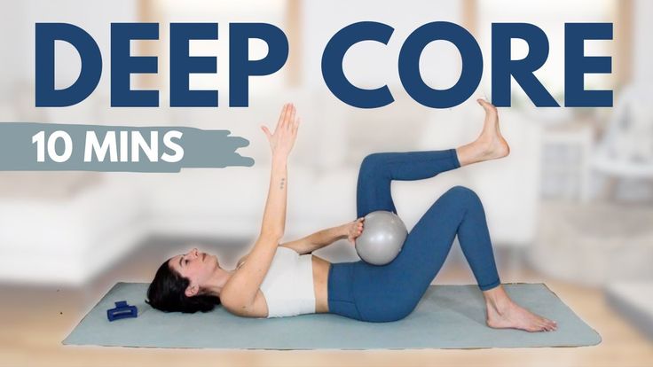 a woman doing a yoga pose with the words deep core 10 mins above her