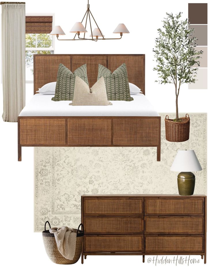 a bedroom with white walls and brown furniture