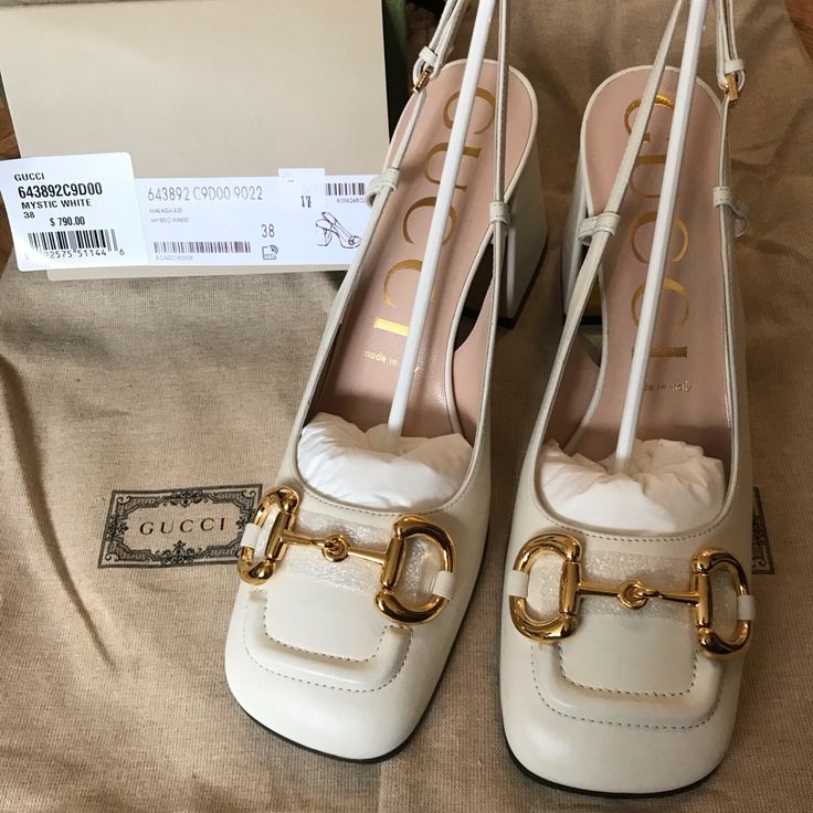 Brand New With Box Luxury Cream Block Heel Shoes, Gucci Elegant Square Toe Heels, Elegant Gucci Square Toe Heels, Luxury White Gucci Heels, Gucci Luxury Square Toe Heels, Gucci Beige High Heels, Gucci White Heels With Branded Heel Counter, Luxury Beige Square Toe Heels, Designer Beige Square Toe Heels