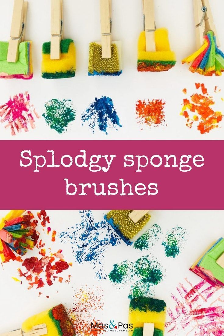 the words sploday sponge brushes are shown above colorful paint and wooden clothes pins