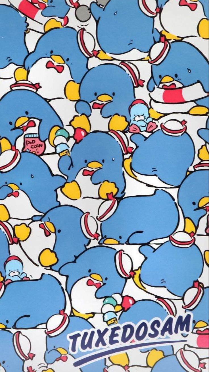 a bunch of blue and yellow penguins on a white background with words tuxedosam