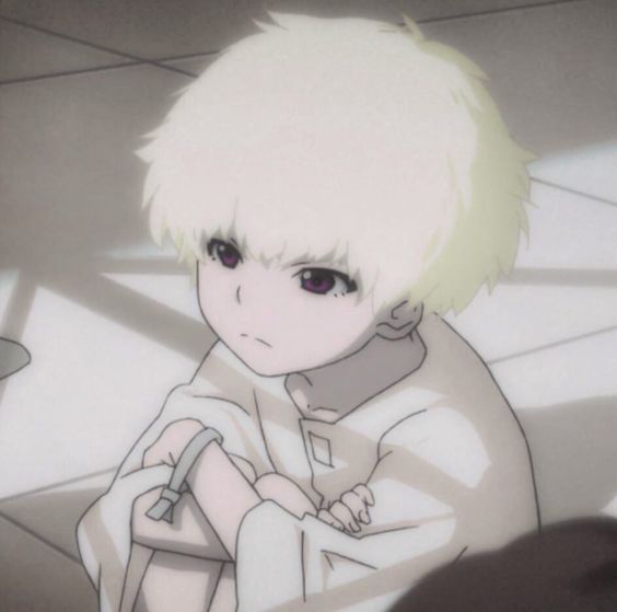 an anime character with white hair sitting down